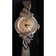 10 Diamond Benrus 10k White Gold Fill Swiss Vtg Ladies Watch Works Nice Band