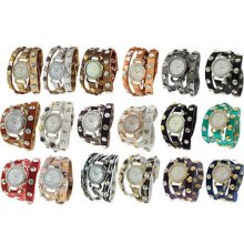 10 Pcs Geneva Crystal Leather Triple Wrap Watches [9540]