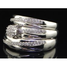 10k Mens Ladies White Gold Diamond Engagement Ring Trio Wedding Set Bridal Band