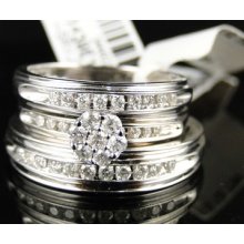 10k Mens/ladies White Gold Round Diamond Engagement Wedding Ring Trio Set