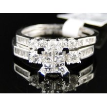 10k White Gold Ladies Princess Diamond Wedding Engagement Ring Duo Set .90 Ct