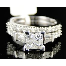 10k White Gold Ladies Bridal Engagement Wedding Band Princess Diamond Ring Set