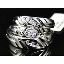 10k White Gold Mens And Ladies Matching Trio Genuine Diamond Engagement Ring