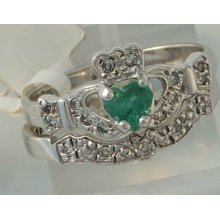 14K Emerald Claddagh Gemstone Engagement Ring with diamond wedding band