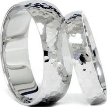 14k White Gold Matching His Hers Bands Rings Set Hammer
