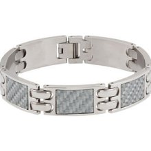 14mm Wide Stainless Steel Men's Link Bracelet With Grey Carbon Fiber Inlay 8.5
