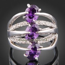 18k White Gold Gp Swarovski Crystal &amethyst Finger Ring R127