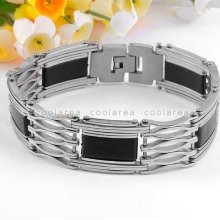 1pc Men's Silvery Stainless Steel Black Rubber Bangle Bracelet Cuff Wristband