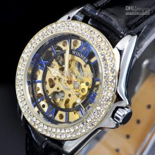 1pcs Golen Dial Diamond Automatic Mechanical Watch Hollow Out Design