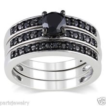 2 Carat Genuine Black Diamond Ring 3 Band Set In Sterling Silver ( H-i, I2- I3 )