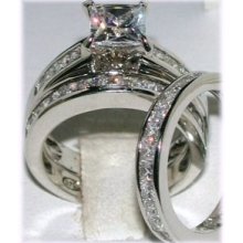3 Ring Princess Wedding Set W-eternity Band Sz 5 6 7 8