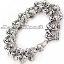 316l Men's Heavy Silver Skulls Biker Stainless Steel Chain Bracelet 23cm Or 9