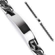 316l Stainless Steel Black Pyramid Cut Ceramic Links Bracelet W/ Engravable Id