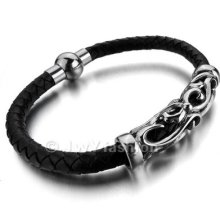 316l Stainless Steel Bracelet Bangle Men Black Genuine Leather Cord Xb0100