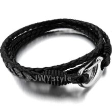 316l Stainless Steel Bracelet Bangle Men Black Genuine Leather Cord Us39b0105
