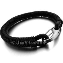 316l Stainless Steel Bracelet Bangle Men Black Genuine Leather Cord Xb0159