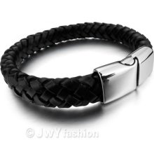 316l Stainless Steel Bracelet Bangle Men Black Genuine Leather Cord Xb0099