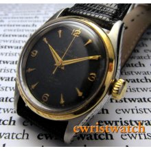50s Rolex Tudor Oyster Prince Solid Gold Bezel & Ss Case Small Rose Black Dial
