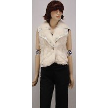 58160d Petite White Rex Rabbit Fox Fur Trim Vest Jacket Coat Stroller Xs
