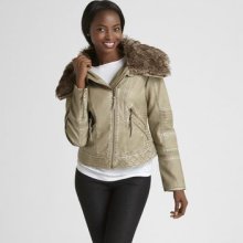 $60 Attention Junior's Bomber Tan Faux Leather Jacket S