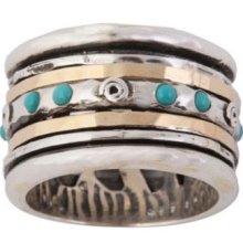 925 Sterling Silver Stainless Steel Spinner Gold Turquoise Ring Jewelry Sz R511
