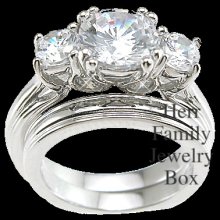 .925 Sterling Silver White Gold 3 Stone Engagement Ring Wedding Band Bridal Set