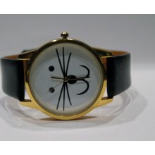 Adorable Little Cat or Mouse White Face with Black Leather Watch with Gold Watch Face