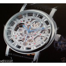 Ak-homme Men's Silver Skeleton Mechanical Wrist Watch,black Leather Band