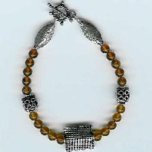 Amber and Bali-Style Sterling Silver Bracelet with Bali-Style Sterling Silver Rectangle