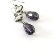 Amethyst Teardrop Earrings Faceted Antique Silver Beaded Wire