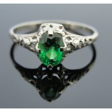 Antique Art Deco WHite Gold Filigree Ring with Green Tsavorite Garnet Center RGTS201D