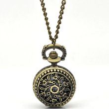 Antique Bronze Round Faced Quartz Pocket Watch (4x2.7cm) Cut Out Case with 80cm Chain