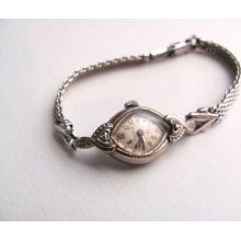 Antique womens Bulova watch bracelet, 10k rolled gold plate, white gold, silver tone