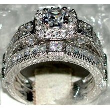 Antiqued Ladies Cz Wedding Engagement 2 Ring Set Sz