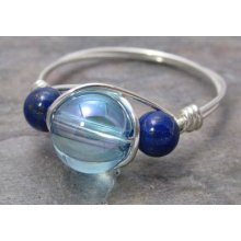Aqua Aura Quartz & Lapis Lazuli Sterling Silver Wire Wrapped Bead Ring Any
