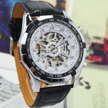 Army Mens Skeleton Sun White Dial Polygon Steel Case Auto-wind Mechanical Watch