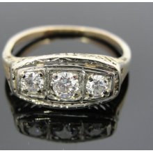 Art Deco - Art Nouveau Green Gold Filigree Three Diamond Ring RGDI247D