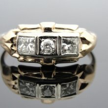 Art Deco Two Tone Gold Filigree and Three Diamond Cocktail Ring - RGDI334P
