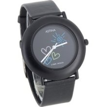 ASTINA 687 Women's Heart Design Round Black-Tone Case Black Leather Strap Analog