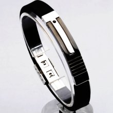 Attractive Silicone and Stainless Steel Men Wristband Black Bangle Bracelet - Silicone - Black - Adjustable