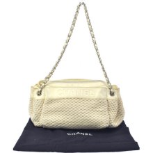 Auth Chanel Cc Logos Chain Shoulder Bag Ivory Wool Leather Italy Vintage B08251
