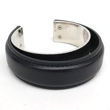 Auth Hermes Bangle Leather Metal Black Silver Color (bf041487)