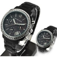 Authentic Michael Kors Black Plastic Crystals Chronograph Mop Dial Watch Mk5080