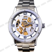 Automatic Mens Skeleton Stainless Steel Mechanical Man Wrist Watch Wristwatch