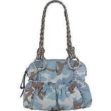 B Makowsky Caroline Genuine Leather Blue Camo Camouflage Purse Satchel Bag