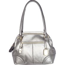 B.Makowsky Leather Double Zip-Top Satchel with Zipper Pocket - Pewter - One Size