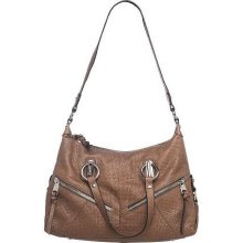 B. Makowsky Woven Leather Embossed Zip Top Hobo w/ Zip Pockets - Truffle - One Size