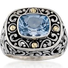 Balinese 3.50 Carat Blue Topaz Ring in Two-Tone. Size 8