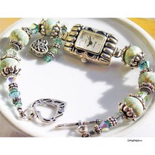 Beaded Watch Bracelet, Sterling Silver, Lampwork Glass, Swarovski crystals, Aqua Cream Mint Seafoam