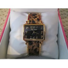 Betsey Johnson Leopard Inlay Half Cuff Rectangle Goldtone Bracelet Watch